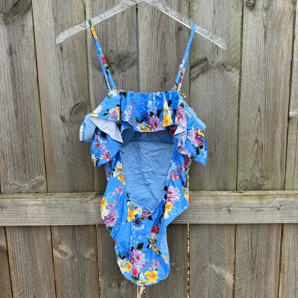 Nanette Lepore Swimsuit One Piece Floral Ruffle Blue Medium NWT Beach Vacation - Picture 2 of 9